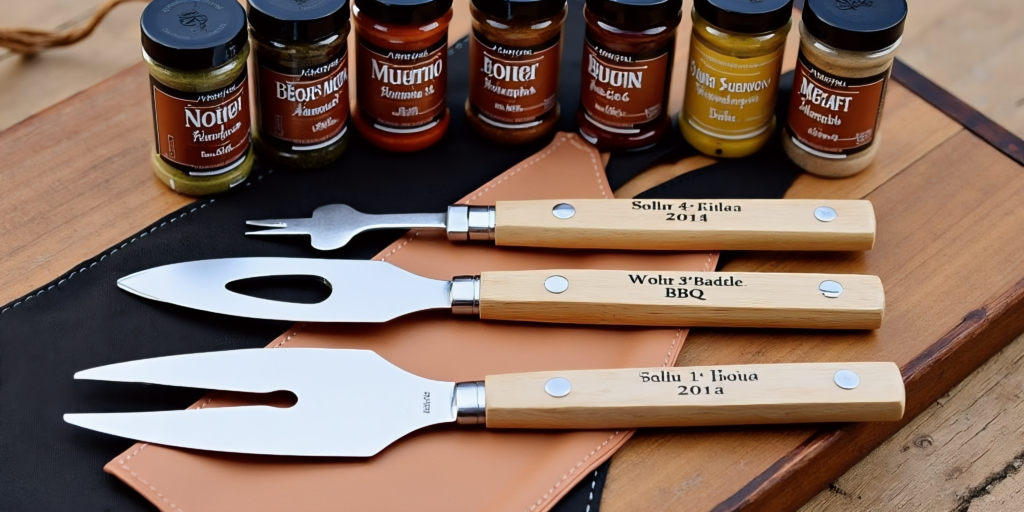 A customized BBQ set with engraved tools, perfect as a unique Father's Day present. Father's Day Present