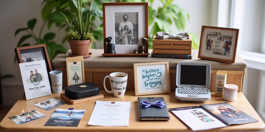 A display of unique Father's Day gifts, including personalized items and experience vouchers, perfect for celebrating dads in the UK.