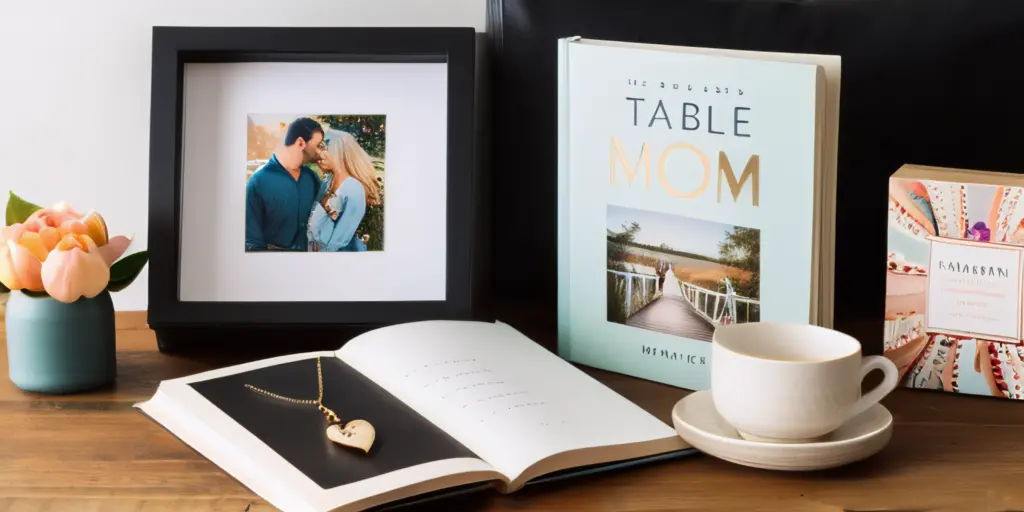 Mother's Day Ideas, A display of unique gifts for mom, showcasing personalized jewelry, a photo book, and a subscription box