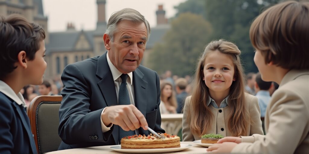 A historical collage depicting the evolution of Father's Day celebrations in the UK, showcasing different traditions over the decades.