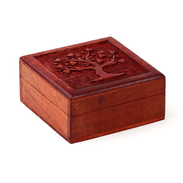 Carved Mango Wood Tree of Life Trinket Box