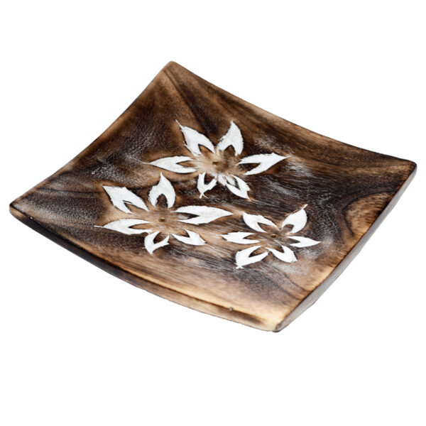 Mango Wood Square Carved Flowers Ashcatcher Incense Sticks Burner