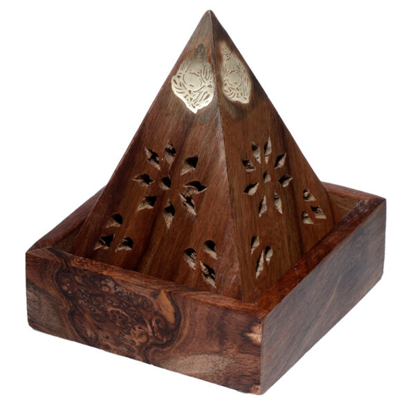 Sheesham Wood Pyramid Incense Cone Burner Box with Buddha & Fretwork