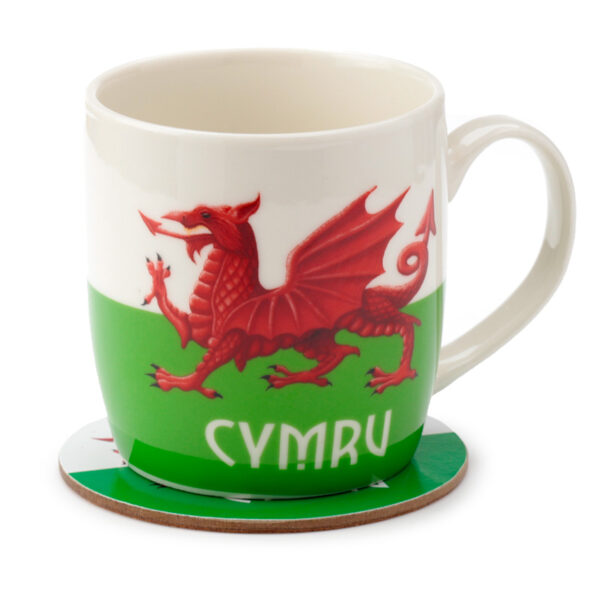 Porcelain Mug & Coaster Set - Welsh Dragon Wales (Cymru)