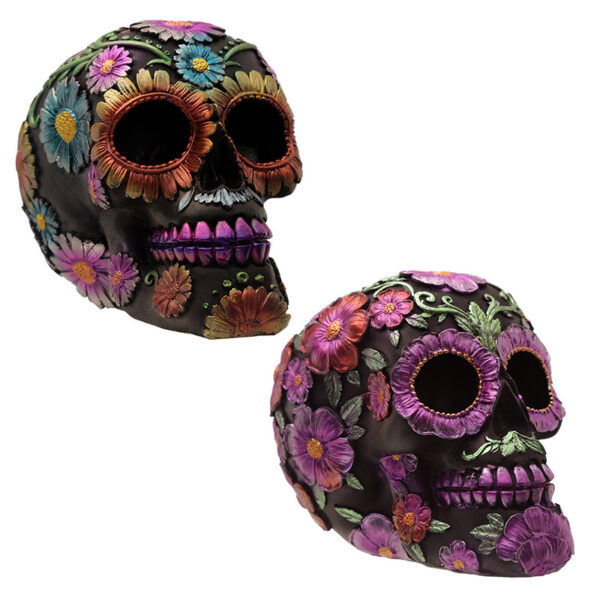 Gothic Metallic Day of the Dead Flower Skull Decoration