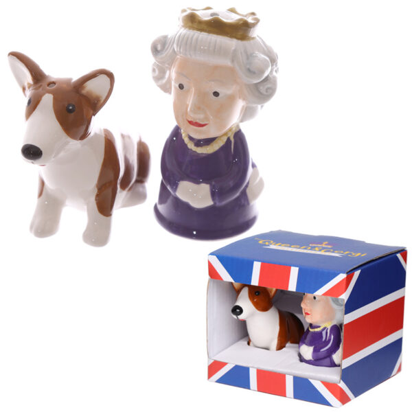 Ceramic Salt & Pepper Set - Queen & Corgi