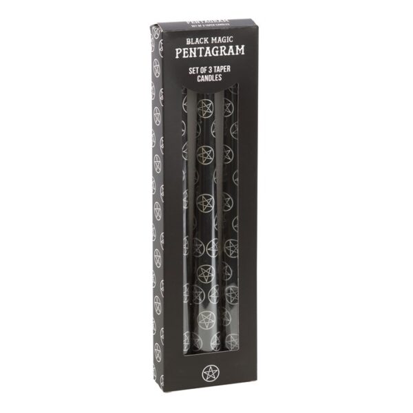 Black Magic Pentagram set of three taper candles in an elegant black box design.