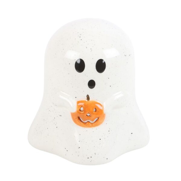 A cute white ghost figurine holding a small pumpkin, perfect for Halloween decor. 1740463963