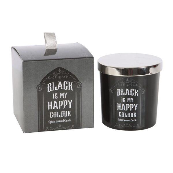 Black glass candle with silver lid, labeled "Black is My Happy Colour," in decorative box.