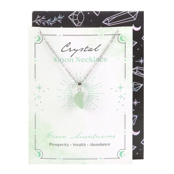 Crystal moon necklace featuring a green aventurine pendant, symbolizing prosperity and abundance on a card.