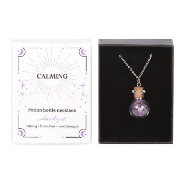 Calming potion bottle necklace in a gift box, symbolizing serenity and inner strength.