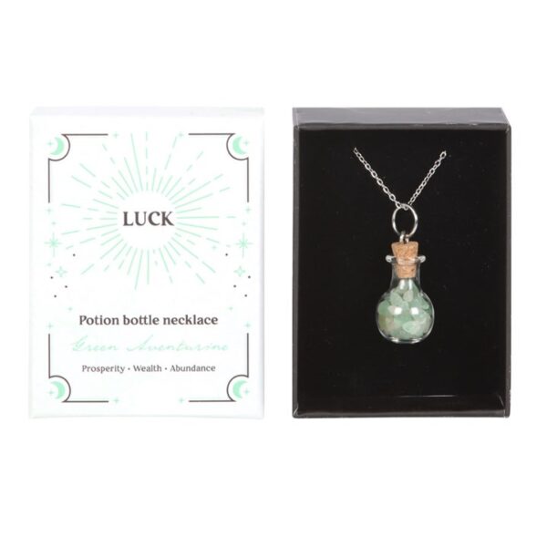 Potion bottle necklace with green aventurine, symbolizing luck, prosperity, and abundance. SKU: 1740418071.