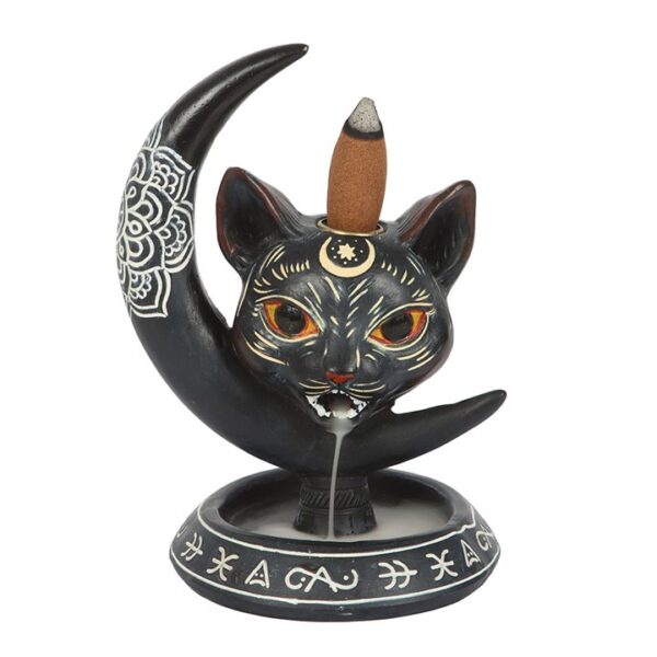 A decorative incense holder featuring a black cat with a crescent moon and intricate designs.