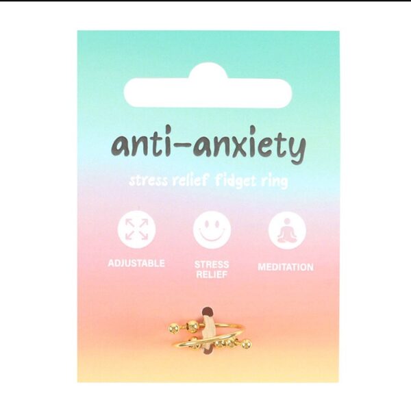 anti-anxiety stress relief fidget ring displayed on a colorful packaging emphasizing adjustable features and benefits.