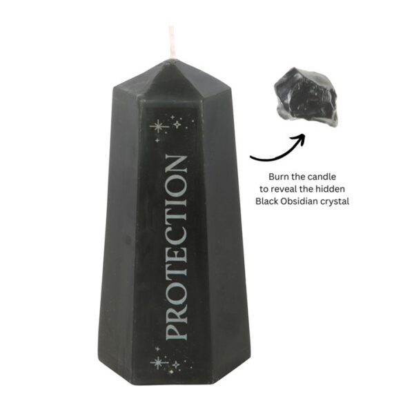 A black candle labeled "PROTECTION" with a hidden Black Obsidian crystal revealed when burned.