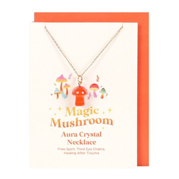 Magic Mushroom necklace packaging features colorful mushrooms and highlights its healing properties and spirit.