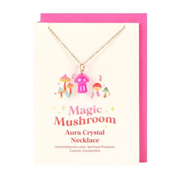 Magic Mushroom Aura Crystal Necklace displayed on a colorful card highlighting its spiritual significance and design.