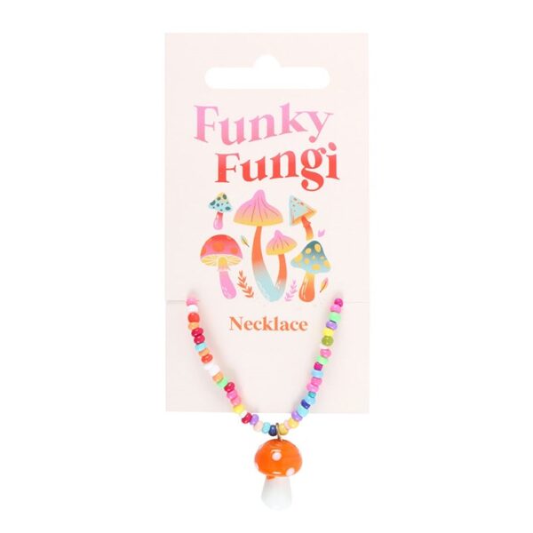 Funky Fungi necklace featuring colorful beads and a mushroom pendant on a display card.